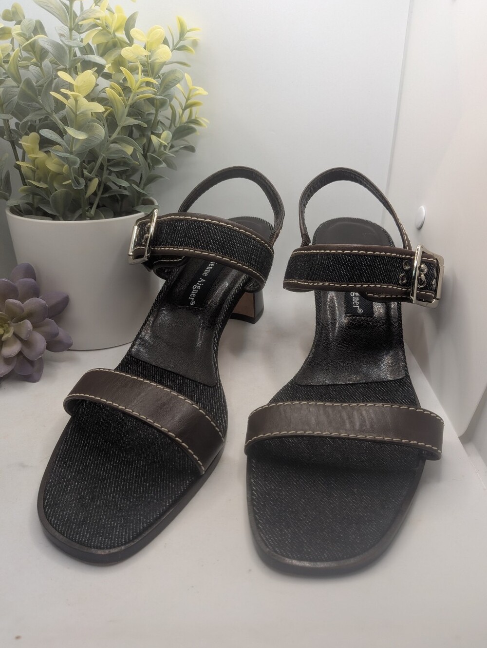 Etienne Aigner Black Denim And Leather Strappy Low Heel Sandals with Buckle Sz9
